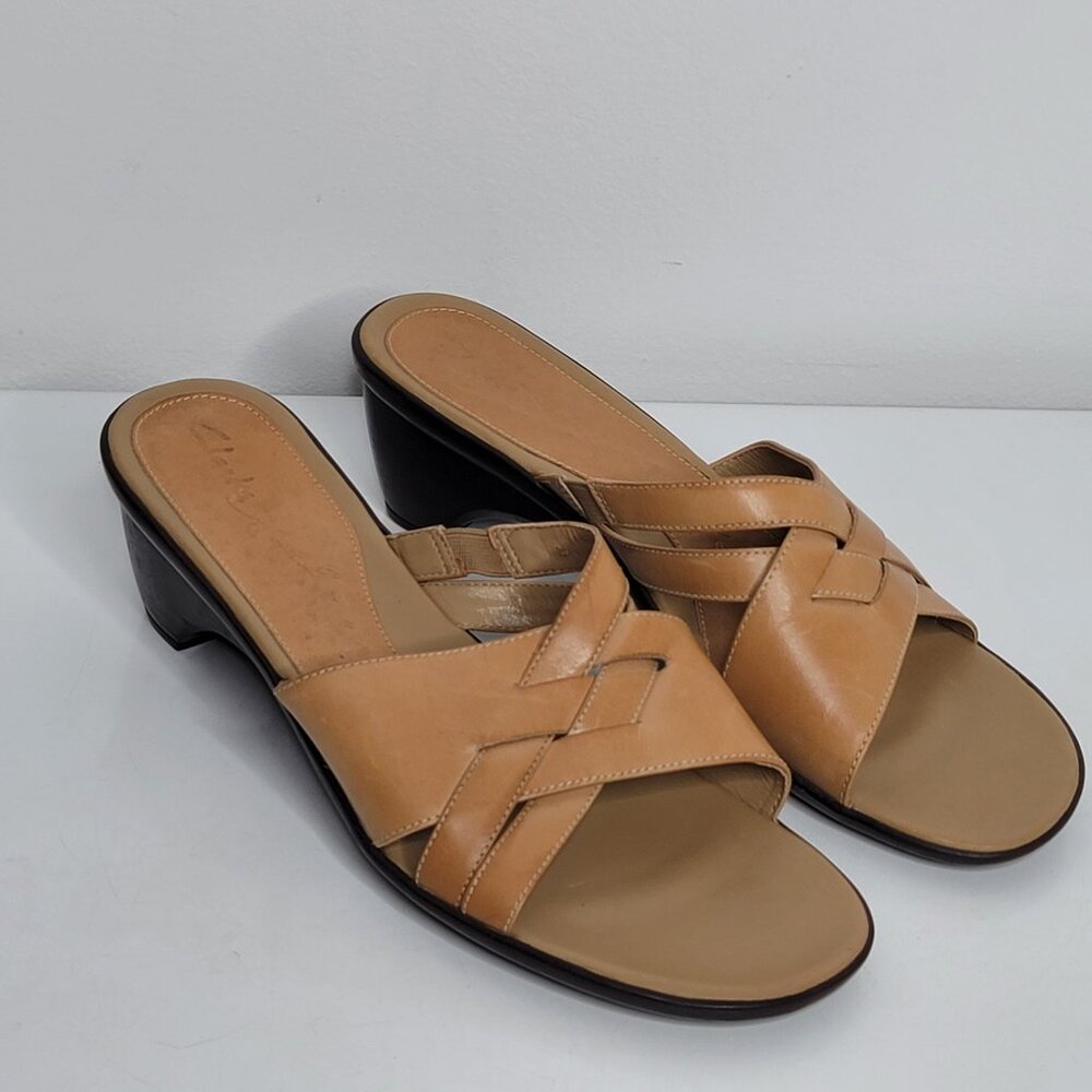 Clarks Womens 8 Sandals Leather Cross Strap Slide Wedge Tan Brown 75583